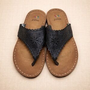 ✨ Palms Black Laser Cut Thong Sandals Boho Scallop Trim Summer Flats Size 9